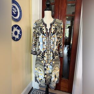 Hale Bob | Geometric Print Split Neck Stretchy Shift Dress, Size L